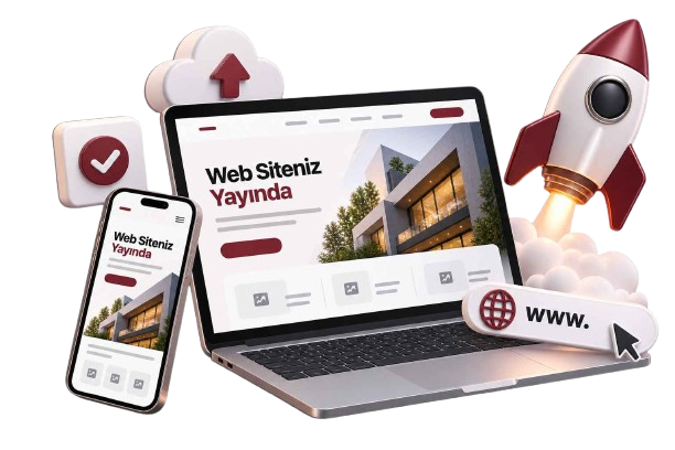 Yayına alınmış web sitesini gösteren bilgisayar ve roket
